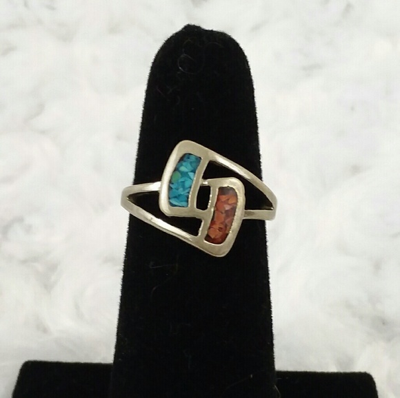 Vintage Jewelry - VINTAGE Turquoise and Coral Sterling Silver Ring